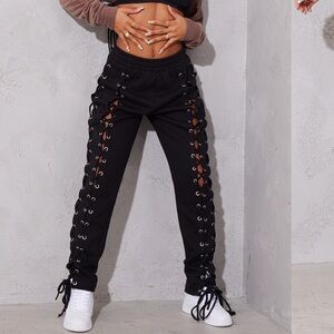 Prettylittlething Black Lace-Up Sweatpants